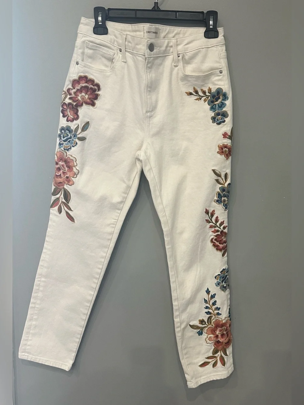 Driftwood Gizelle Embroidered White Denim Straight Leg Jeans Floral Pants - Picture 11 of 16